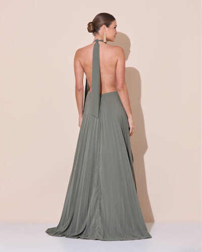 Foto Vestidos de Festa Longo Chiffon Fluido Frente Única Plissado Duplo Verde Oliva