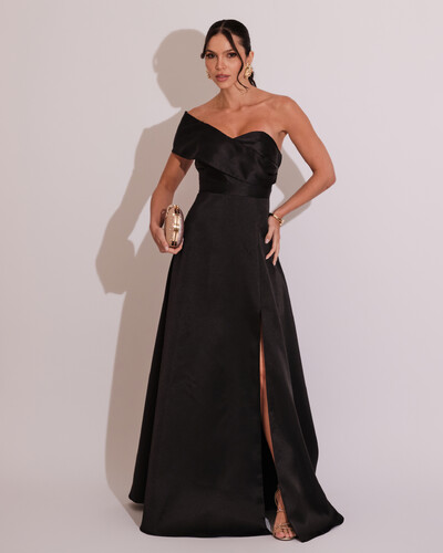 Foto Vestido de Festa longo Faixa Ombro e Fenda Zibeline Preto