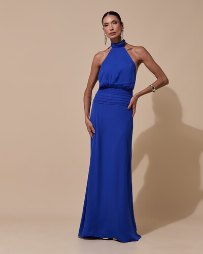 Foto Vestido de Festa Longo Frente Única Busto Blousê Crepe Chiffon Drapeado Azul Royal