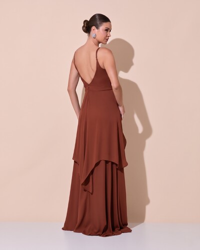 Foto Vestido de Festa Longo Decote Coração Plissado Crepe Chiffon Babados Cascata Marrom New