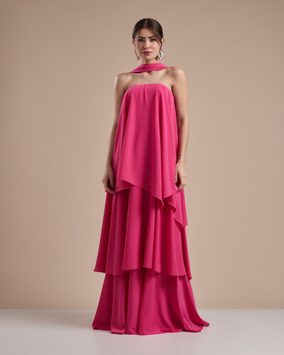 Foto Vestido de Festa Longo Chiffon Crepe em Camadas com Lenço Pink New
