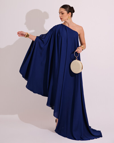 Foto Vestido de Festa um Ombro com Capa Crepe Fluido Azul Marinho