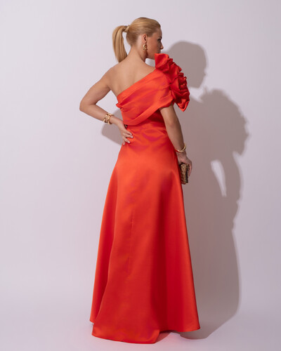 FotoVestido de Festa Longo Zibeline um Ombro Só Flor Drapeado Laranja