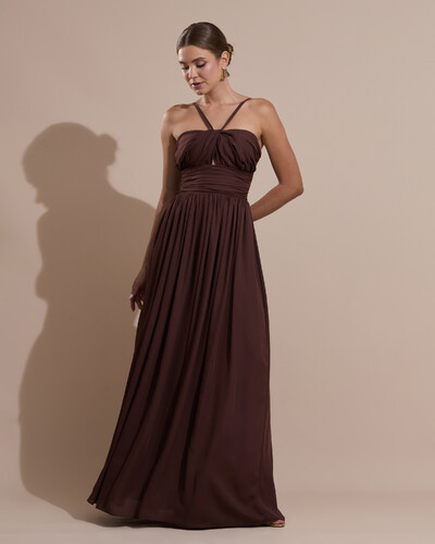Foto Vestido de Festa Longo Crepe Chiffon Drapeado com Alças Finas Marrom