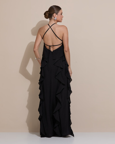 Foto Vestido de Festa Longo Crepe Chiffon Frente Única Babados Cascata e Flor Preto