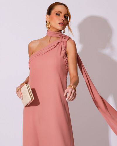 FotoVestido de Festa Longo Crepe Chiffon Um Ombro Só Drapeado Rose