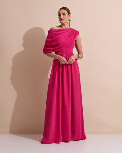 Foto Vestido de Festa Longo Um Ombro Só Crepe Chiffon Capa Drapeado Pink Escuro