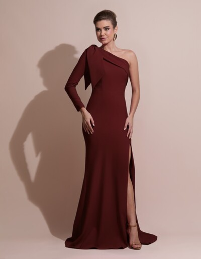 Foto Vestido de Festa com Laço de Um Ombro em Alfaiataria Fenda Marsala