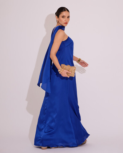 FotoVestido Longo de Festa Tomara que Caia Cetim com Lenço Azul Royal