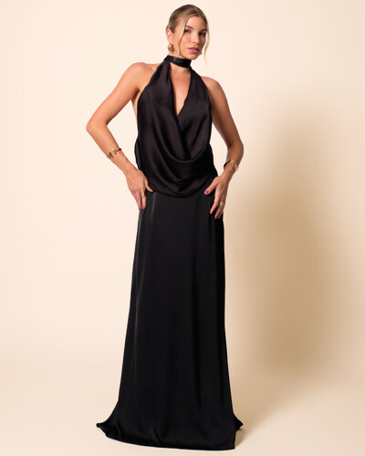 Foto Vestido de Festa Longo Cetim Fluido Frente Única Mil Formas Degagê Preto