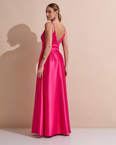 Foto Vestido de Festa Longo Alça Fina Decote V Cetim Saia Evasê Pink
