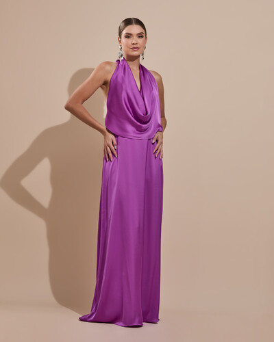 Foto Vestido de Festa Longo Cetim Fluido Frente Única Degagê Mil Formas Fúcsia