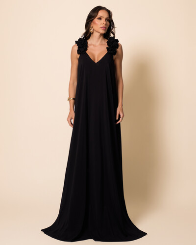 Foto Vestido de Festa Longo Crepe Chiffon Fluido Decote em V Flores Preto