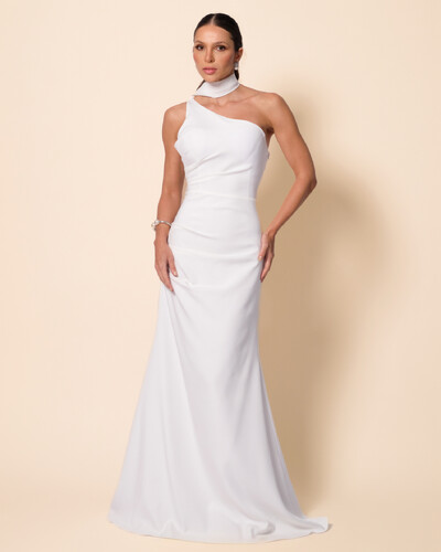 Foto Vestido de Festa Longo Alafataria Um Ombro Só Detalhe Drapeado Branco