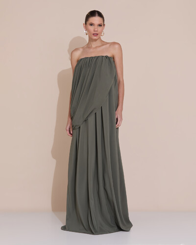 Foto Vestido de Festa Longo Tomara Que Caia Crepe Chiffon Drapeado Verde Oliva