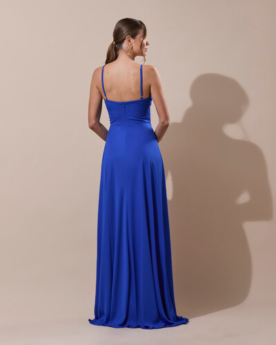 Foto Vestido de Festa Longo Crepe Chiffon Drapeado com Alças e Saia Fluida Azul Royal