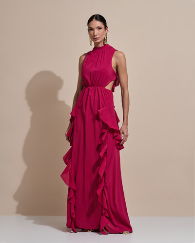 Foto Vestido de Festa Longo Gola Alta Crepe Chiffon Recortes Babados Cascata Cereja
