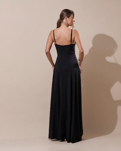 Foto Vestido de Festa Longo Crepe Chiffon Drapeado com Alças e Saia Fluida Preto