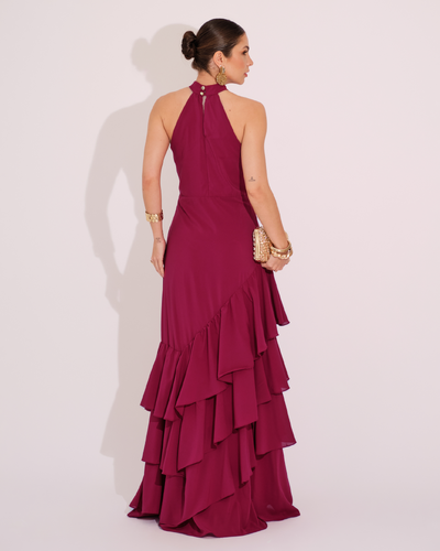FotoVestido de Festa Longo Decote Halter com Babados Cereja