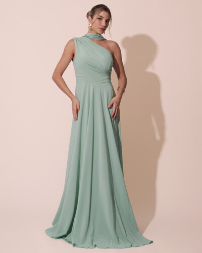 Foto Vestido de Festa Longo Crepe Chiffon Um Ombro Só Drapeado com Lenço Verde Menta