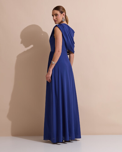 Foto Vestido de Festa Longo Um Ombro Só Crepe Chiffon Capa Drapeado Azul Marinho