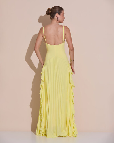 Foto Vestido de Festa Longo Crepe Chiffon Alça Fina Saia Plissada com Babado Cascata Amarelo Manteiga