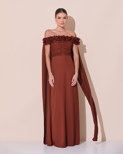Foto Vestido de Festa Longo Ombro a Ombro Plissado Crepe Chiffon Capa Flor 3D Marrom New