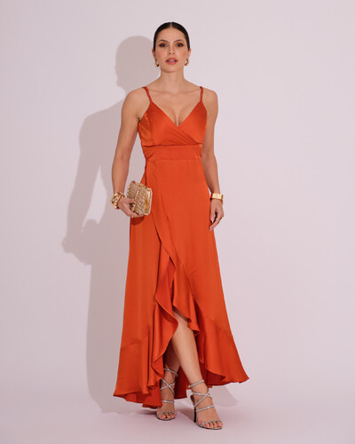 Foto Vestido Midi Babado Acetinado Terracota