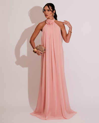 Foto Vestido Longo Crepe Frente Única Fluido Flor Removível Rosa