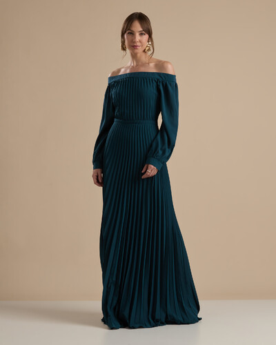 Foto Vestido de Festa Longo Crepe Chiffon Plissado Ombro a Ombro Verde Escuro