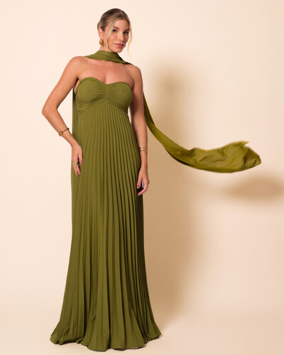 Foto Vestido de Festa Longo Tomara que Caia Plissado com Lenço Verde Oliva New