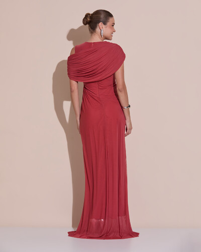 Foto Vestido de Festa Longo Capa Drapeado Tule Saia Fluida Terracota