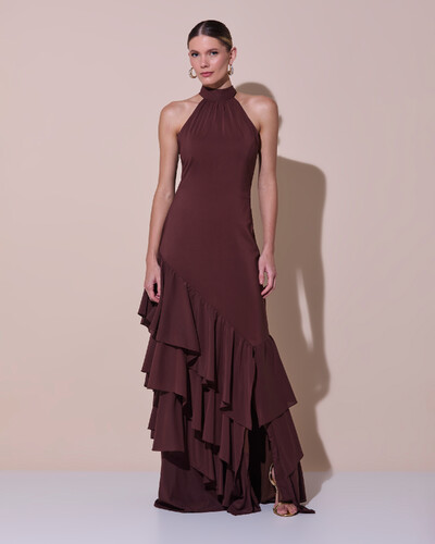 Foto Vestido de Festa Longo Chiffon Crepe Gola Alta Babados Marrom