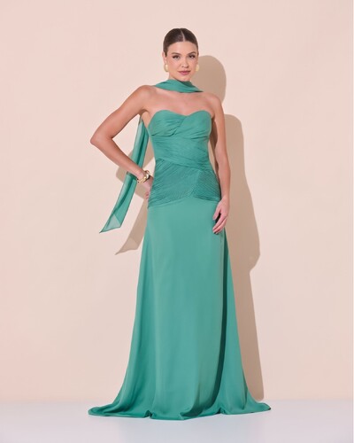 Foto Vestido de Festa Longo Decote Coração Crepe Chiffon Drapeado Plissado Lenço Verde Matcha Escuro