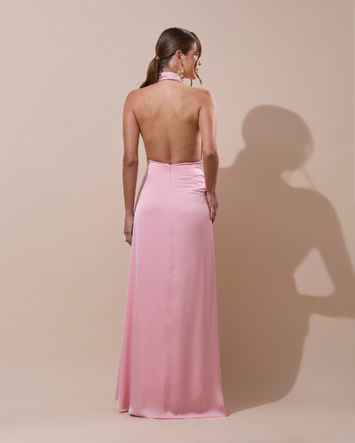 FotoVestido de Festa Longo Cetim Frente Única Degagê com Faixa Drapeada Rose Gold
