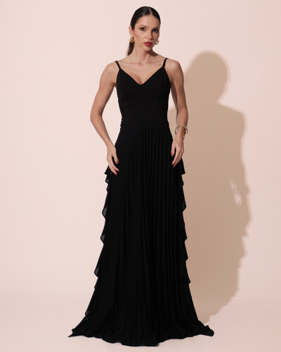 Foto Vestido de Festa Longo Crepe Chiffon Alça Fina Saia Plissada com Babado Cascata Preto
