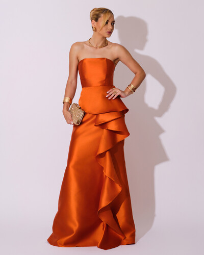 Foto Vestido de Festa Longo Tomara que Caia Babado Cascata Terracota