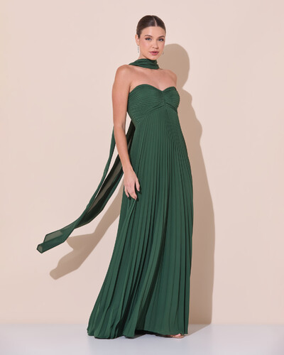 Foto Vestido de Festa Longo Tomara que Caia Plissado com Lenço Verde Escuro New
