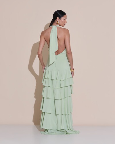 Foto Vestido de Festa Longo Frente Única Degagê Crepe Chiffon Babados Mullet Verde Menta New