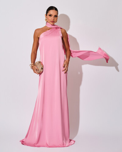 Foto Vestido de Festa Longo Cetim Fluido Um Ombro Só Lenço Fixo Rosa