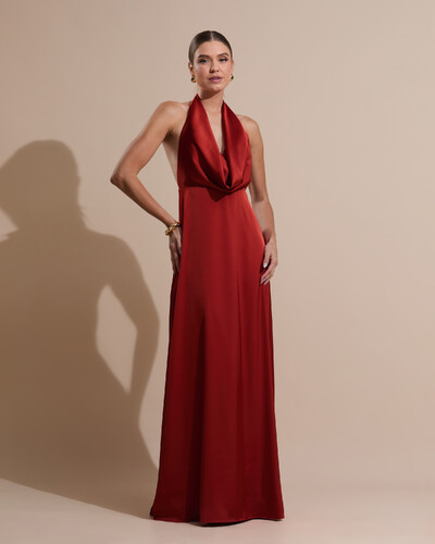 Foto Vestido de Festa Longo Frente Única Degagê Cetim Fluido Terracota