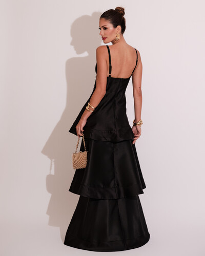 FotoVestido de Festa Longo Zibeline em Camadas Decote em V com Alças Preto