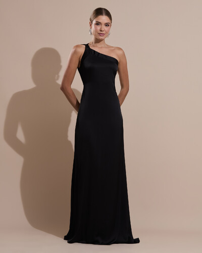 Foto Vestido de Festa Longo Cetim Fluido Um Ombro Só Amarração Costas Preto