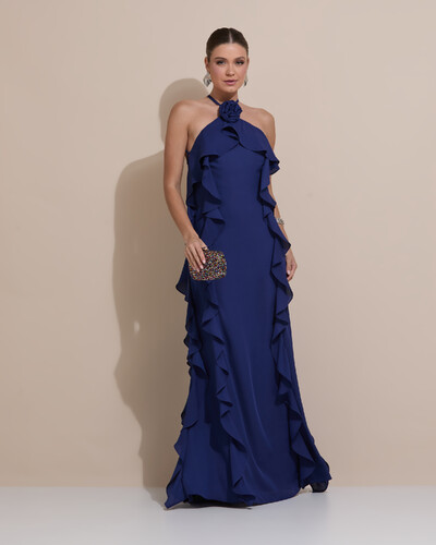 Foto Vestido de Festa Longo Crepe Chiffon Frente Única Babados Cascata e Flor Azul Marinho