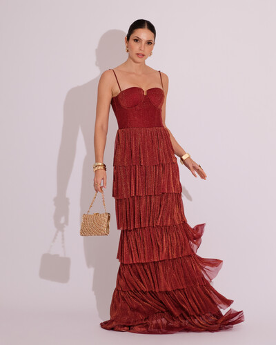 Foto Vestido de Festa Longo Tule Glitter com Camadas Marsala