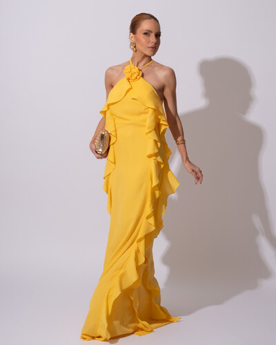 Foto Vestido de Festa Longo Crepe Chiffon Frente Única Babados Cascata e Flor Amarelo
