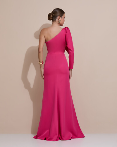 Foto Vestido de Festa com Laço de Um Ombro em Alfaiataria Fenda Pink