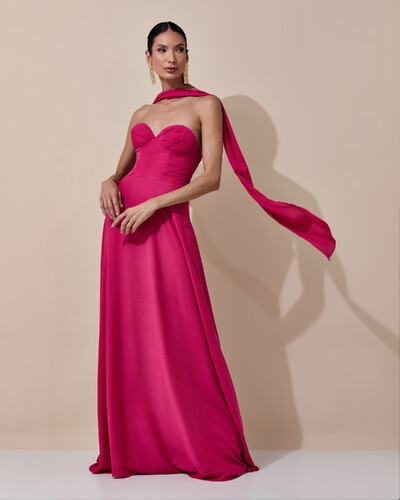 Foto Vestido de Festa Longo Tomara que Caia Crepe Chiffon Decote Coração Lenço Pink Escuro