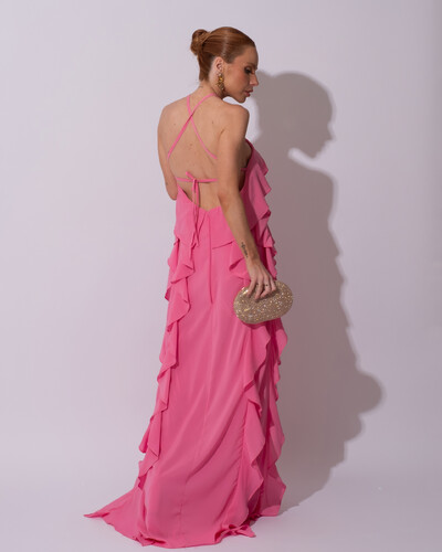 FotoVestido de Festa Longo Crepe Chiffon Frente Única Babados Cascata e Flor Rosa