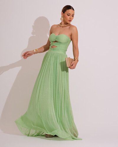 Foto Vestido de Festa Longo Tule Brilho Tomara que Caia Recortes Verde Lima